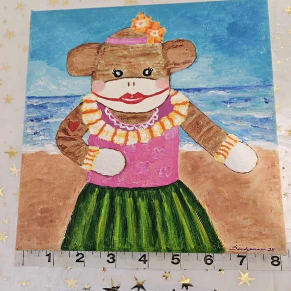 Original Art/ Acrylic Canvas/ 8in x8in/ Sock Monkey Hula - Picture 5 of 7